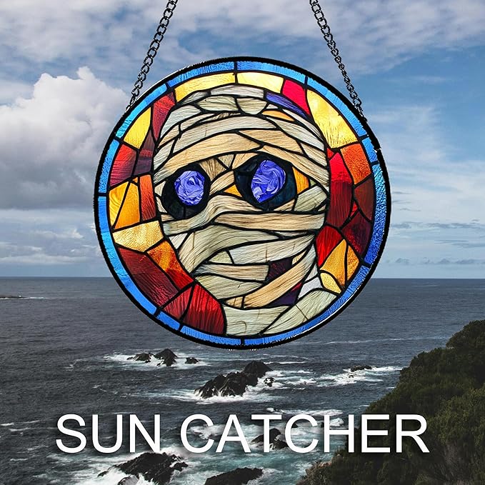 Stained Glass Window Hanging Halloween Blue-Purple Eyeball Mummy 9.8" - Suncatcher Door Garden Sun Catcher Gothic Decor Birthday Horror Funny Gift for Mom Woman Nana Friend Men