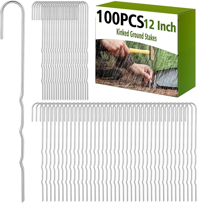 100 Pcs Kinked Ground Stakes 12 Inch Metal Garden Fence Edging Hook Heavy Duty J Shaped Galvanized Tent Fence Spikes for Dogs Digging Outdoor Awning Canopy Tarpaulin