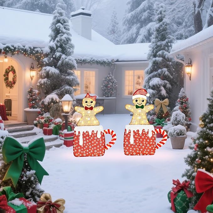42" H Lighted Gingerbread Outdoor Christmas Decorations, Pre-lit Gingerbread Boy & Girl in Hot Cocoa Mug Ornament, 2D Holiday Decors for Lawn Porch Yards, 160 LEDs, Set of 2