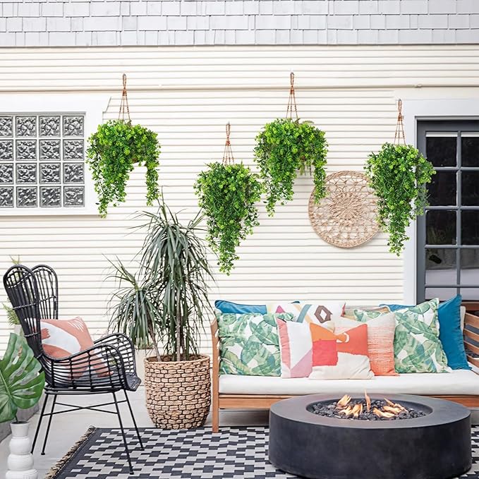 SJL Fake Hanging Plants 3pcs Hanging Plants with Flowers Artificial Greenery Faux Ivy Vine Leaves UV Resistant Plastic Plant Faux Greenery Vine Plant for Wall Home Indoor Outdoor Decor (Green)