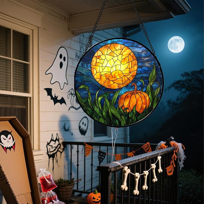 Stained Glass Window Hanging - Halloween Decorations Orange Pumpkin Moon Suncatcher for Doors Garden Indoor Spooky Funny Sun Catchers Gothic Decor Horror Gifts for Women Men Friend 15 in