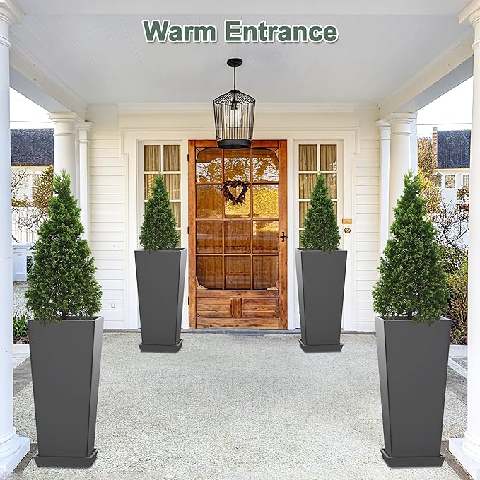 Set of 2 Tall Planters with Drainage Tray, 24 Inch Large Flower Pots for Indoor Outdoor Plants Mordern Planter Weather-Resistant for Patio, Front Door Decor, Garden (Gray)