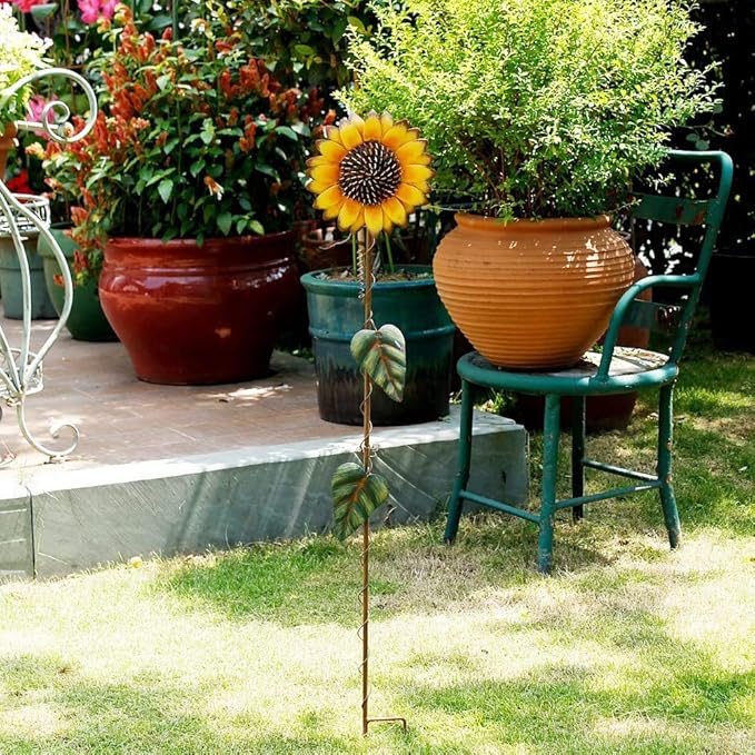 T&Garice Vintage Metal Sunflower Stake Sunflower Art Decor for Outdoor Patio Yard Lawn Garden Decoration 39
