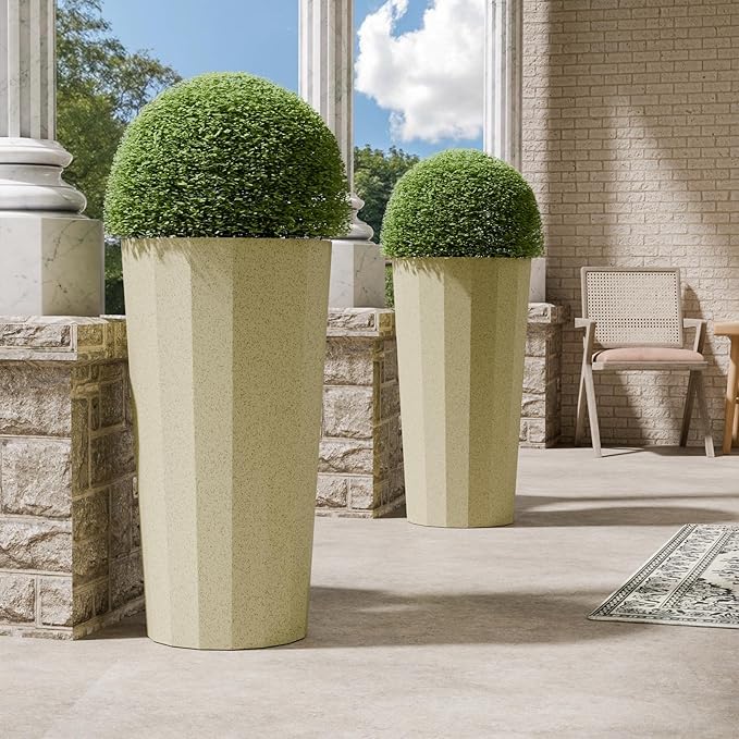 23.6" Tall Planters for Outdoor Plants, Large Outdoor Planters for Porch Decor with Drainage Hole, Wide Stripe Design Flower Pots Fits Indoor Plants Patio/Garden, Plastic Off White (2 Pack)