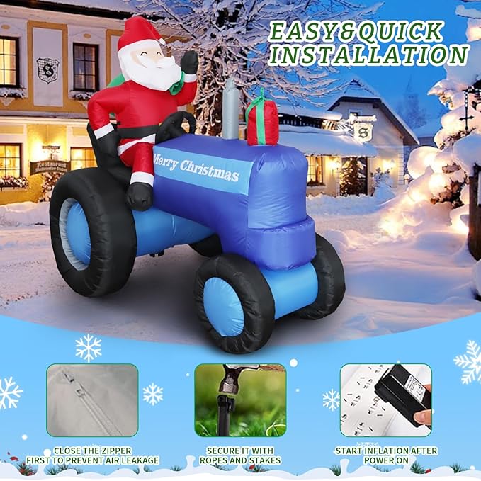 DearSun 5.5FT H Christmas Inflatable Santa Claus Drive Tractor with Build-in LED Lights, Blow up Christmas Inflatable Outdoor Decorations Large Party Yard Decoration