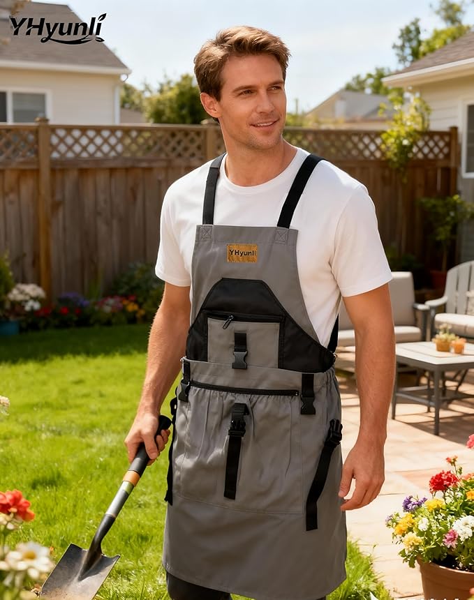Gardening Apron, Pockets for Women & Men Cross Back Gardening Apron integrated extended drawstring pouch, Great Gift
