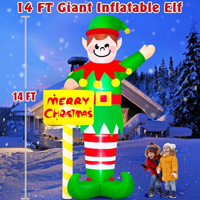 Danxilu 14 FT Giant Christmas Inflatables Elf Outdoor Decorations, Huge Elf Inflatable Built-in LED Lights Christmas Blow Up Yard Decorations Waterproof Outside Decor for Xmas Holiday Lawn
