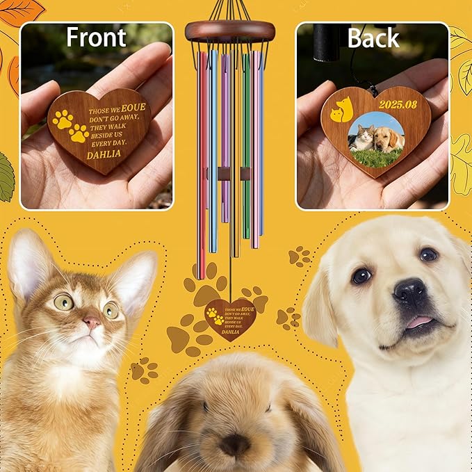 Personalized Pet Memorial Wind Chimes Custom - Custom Dog Memorial Wind Chime - Bereavement Gift for Pet Loss, Healing Wind Chimes for Loss of Cat (Heart Shape)
