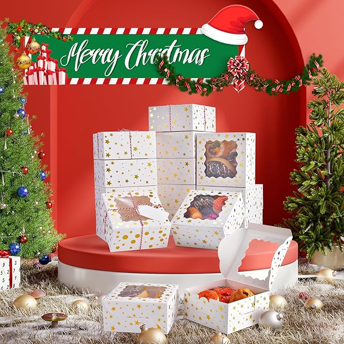 32Pcs 6x6x3 in Christmas Cookie Boxes with Window, White Bakery Boxes for Cookie, Treat Boxes Pastry Boxes for Gift Giving, Chocolate Covered Strawberries, Dessert, Donut, Cupcakes Muffins