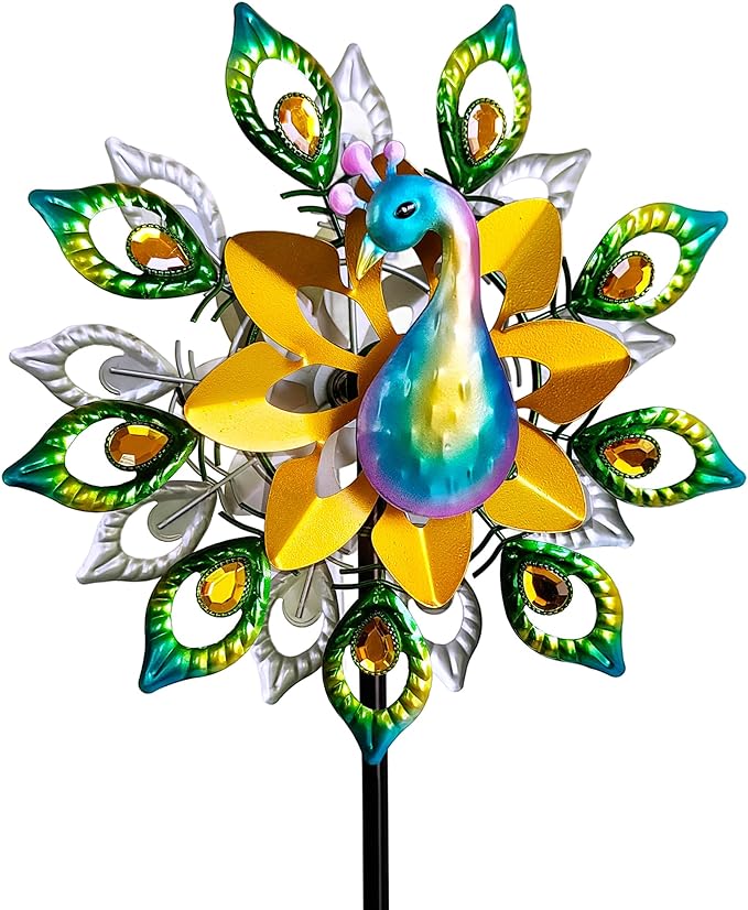 Outdoor Peacock Wind Spinners Featuring Glittering Gem Decor, 13.5" D x 65" H Double Layer Kinetic Wind Sculptures, 360° Rotatable Metal Garden Wind Spinners for Yard and Outdoor Decor Blue