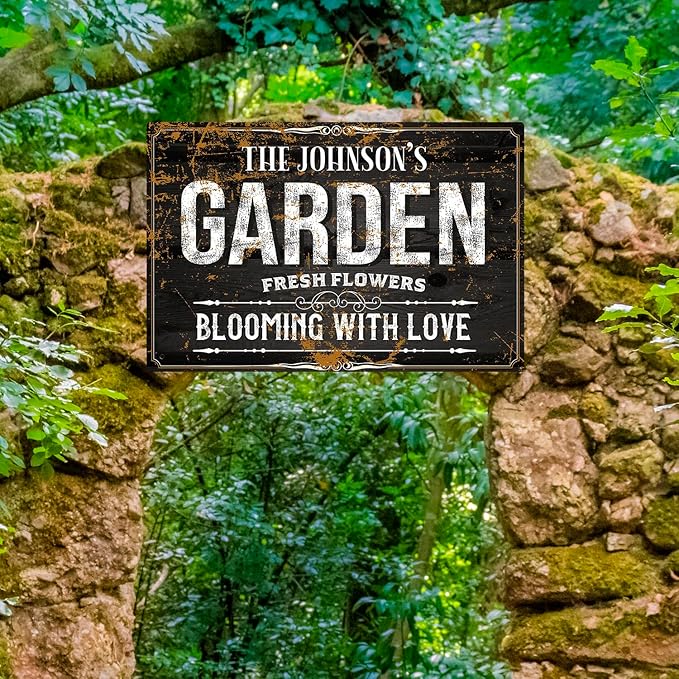 Custom Garden Blooming with Love Sign, Christmas Season, Personalized Name for Backyard/Flower Garden Décor Sign, 12x18 Inches, Rust Free .063 Aluminum, Fade Resistant, Made in USA by Sigo Signs