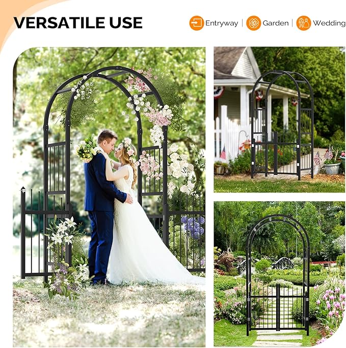 VINGLI Garden Arbor with Gate, PVC Wedding Arch for Ceremony Party, Trellis for Climbing Plants Outdoor for Backyard, Lawn (Black)