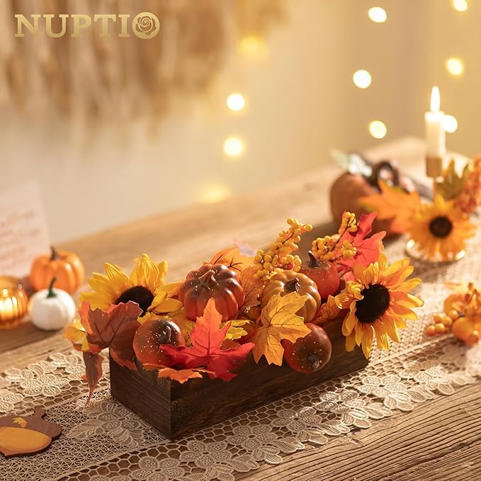 NUPTIO Wooden Box Centerpiece for Table: 2 Pcs 11.8" Long Wood Rectangle Planters - Farmhouse Flower Vase for Fall Wedding Dining Living Room Window Mantel Table Decor