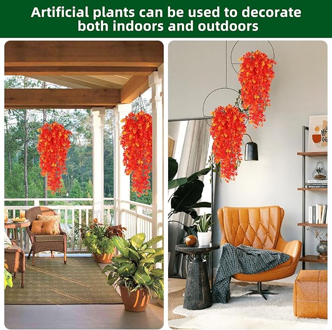RECUTMS Pack of 2 Hanging Fake Flowers Artificial Outdoor UV Resistant Greenery Faux Plastic Plants for Farmhouse Garden Veranda Porch Bathroom Kitchen Arrangements (Gold)