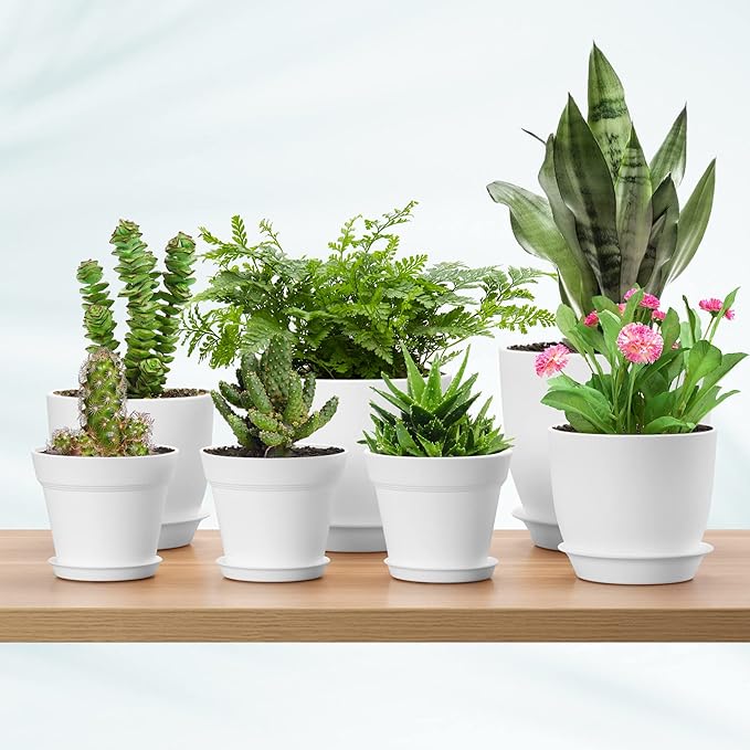 7 Pack Mix Size Plastic Plant Pots, 6.2/5.4/4.8/4.5/4 inch Indoor Planters with Drainage Holes and Tray, Thickened Plastic Flowers Pots for Plants, Succulents, Snake Plant and Cactus, White
