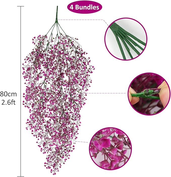 RECUTMS 4 pcs Hanging Fake Plants Flowers Artificial Decor Artificial Hanging Plants Fake Vines with Fake Flowers Fake Plants for Bedroom Aesthetic Wall Hanging Decoration（Fuchsia）
