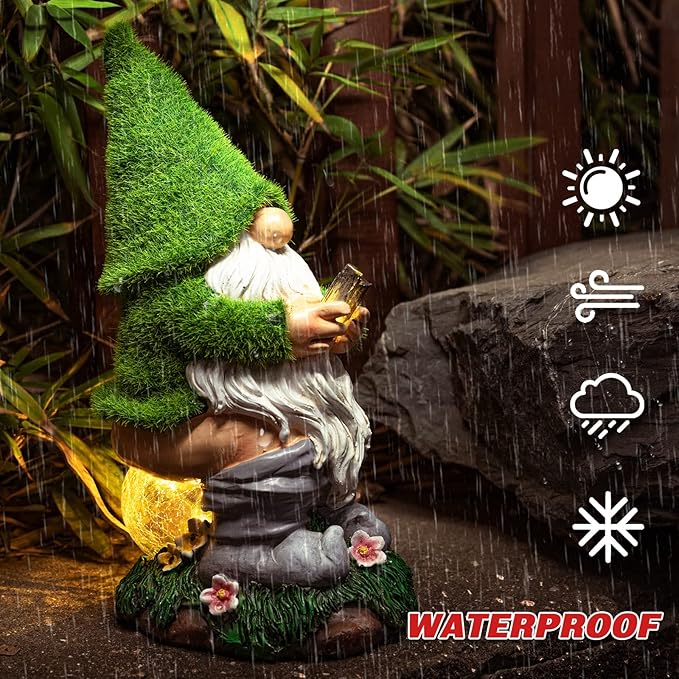 Garden Gnome Statues - Resin Gnome Figurine Sitting on Solar Crackle Glass Globe Lights, Funny Garden Ornament for Patio Yard Lawn Porch Outdoor Decor