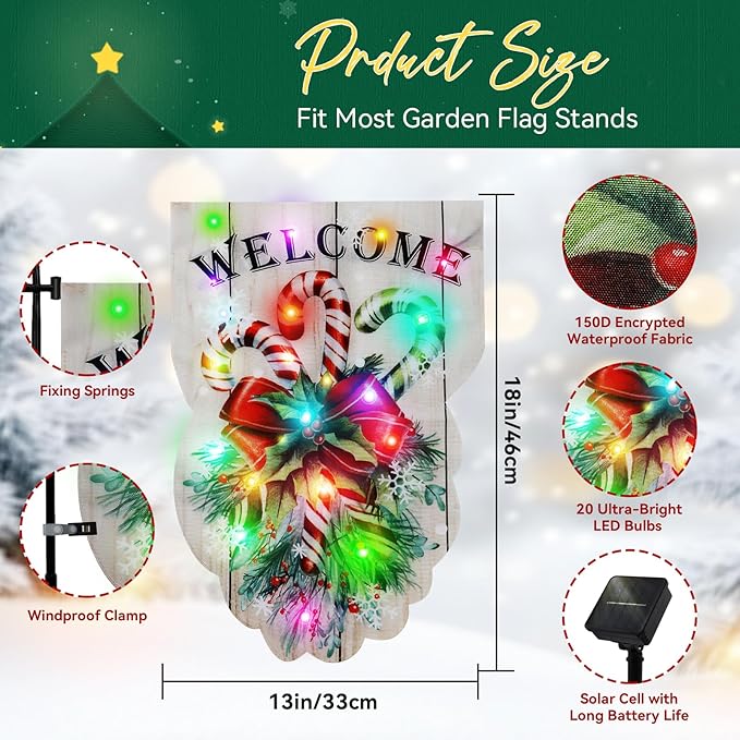 Lighted Christmas Garden Flag - 18x13-inch Waterproof Outdoor Christmas Decoration with 24 Glow-in-The-Dark LED in 8 Patterns, Perfect for Yard, Porch, and Lawn Decorations