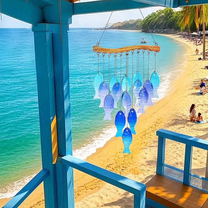 Glass Fish Wind Chimes for Outdoor Patio & Front Yard Decor, Small Unique Suncatcher Windchimes, Handcrafted Gifts for Women, Durable Outside Garden Christmas Decoration Gift
