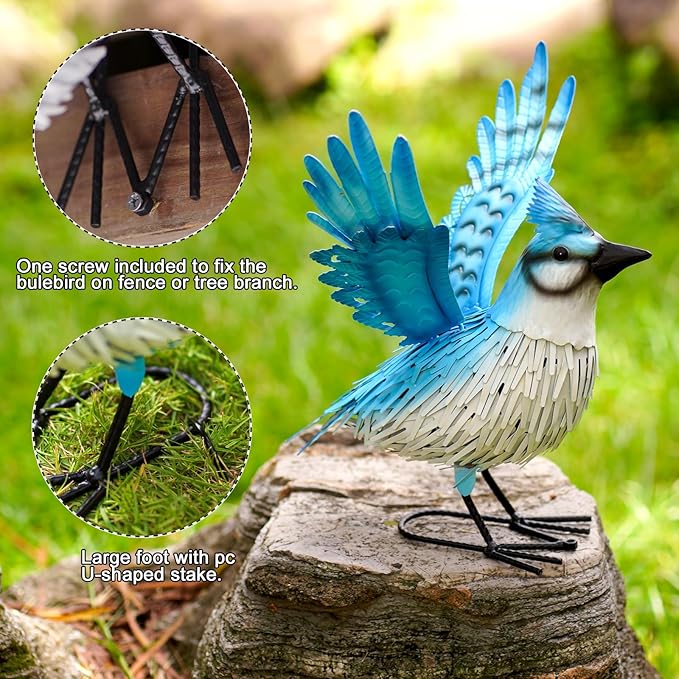 Nacome Blue Jay Garden Decor Metal Yard: Art Outdoor Sculptures & Statues Large Red Bird Ornaments for Patio Balcony Front Backyard - Gifts for Grandma Mom