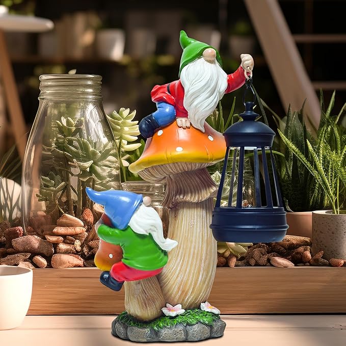 Funny Garden Gnomes Outdoor Climbing on Mushroom with Holding a Solar LED Lantern Resin Mushroom Statue for Patio Yard Lawn Porch Decor