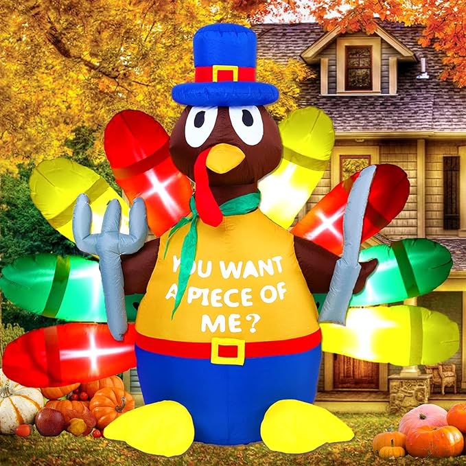 Thanksgiving Inflatable Turkey Decorations -5FT LED Light Up Pilgrim Hat & Colorful Tail -Holding Knife and Fork Turkey Blow up Yard Decor Outdoor Indoor Lawn Garden Home Autumn Holiday Harvest