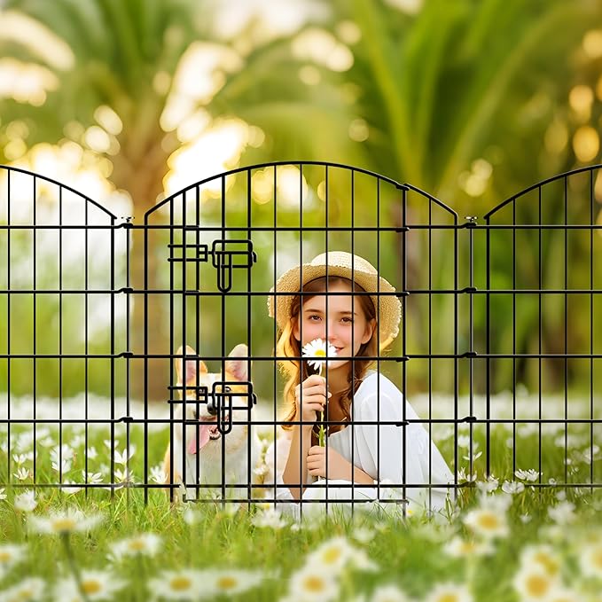 Metal Garden Fence 32 in H x 28 in W 10 Panels (9 Panels + 1 Gate) Total Length 23 ft, No Need Dig Rustproof Animal Barrier Fencing Border Fence for Dog, Patio,Yard, Landscape, Flower Bed