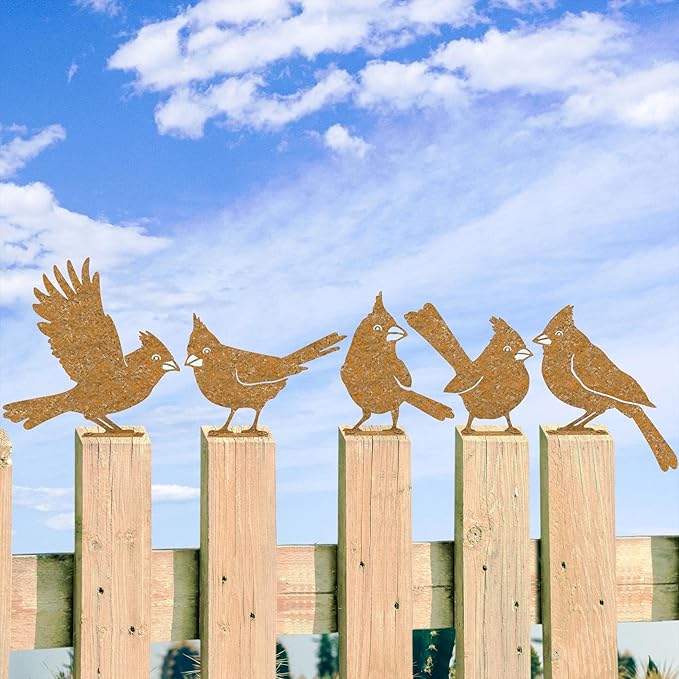 5-Piece Metal Bird Craft Statue Set - Cardinal Silhouettes, Rusty Finished - Perfect for Fence Toppers & Outdoor Decor