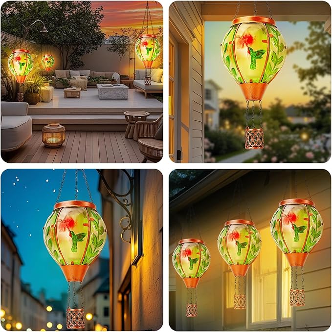 Hummingbird Solar Hot Air Balloon Lantern,Outdoor Decor with Flame Lights Waterproof, Hanging Lights for Garden Yard Lawn Patio, Unique Gifts for Women Mom Grandma Gardener for Mother'Day