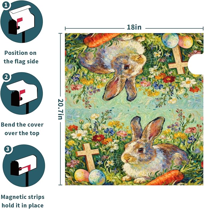Spring Easter Mailbox Covers Magnetic Standard Size Cute Bunny Rabbit Colorful Floral Cross Egg Carrot Holiday Outdoor Seasonal Decorative Letter Box Cases for Home Garden Outside Decor, 21x18 Inch