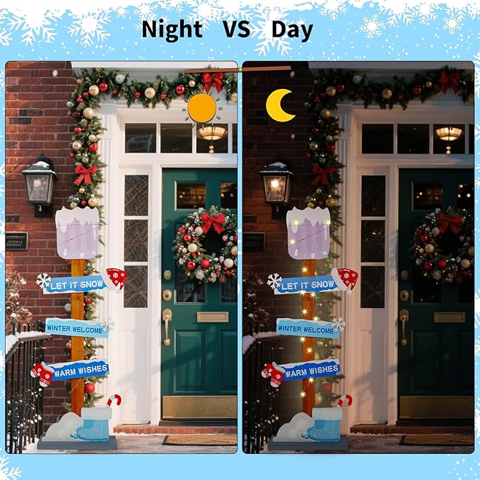 Lighted Wooden Christmas Porch Sign | Let It Snow Winter Welcome Porch Decor |Xmas Hat Gloves Candy Cane Wood Signs for Winter Wonderland Bule Christmas Decorations