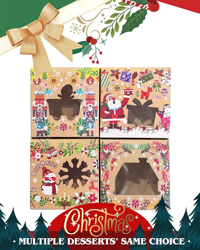 qiqee Christmas Treat Boxes with Window 36pcs 6x6x3 Brown Kraft Bakery Cookie Boxes Small Donut Pastry Boxes for Holiday Gift-giving Party Supply