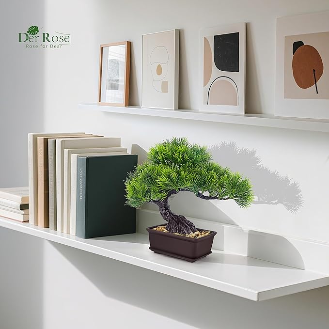 Der Rose 8'' Artificial Bonsai Tree Small Fake Potted Plants for Zen Japanese Home Office Desk Bathroom Shelf Decor (Pine)