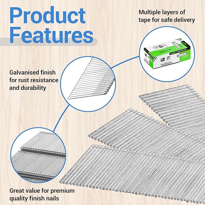 meite 15 Gauge 34 Degree Angled Finish Nails, 1-3/4 Inch Leg Galvanized No-rust Finishing Nails for Nailer Gun, Glue-Collated Trim Nails for Baseboard Crown Cabinet Window Molding, 2 Boxes x 2,000PCS