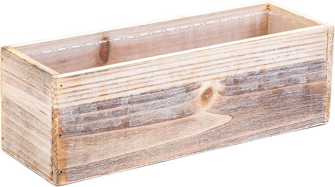 Wood Planter Box Set, Rustic Whitewash, Plastic Liner, 12x4 Inch Rectangular Flower Holder, Natural Wood Decor, Country Style, Home and Wedding Decorations, Garden Ornaments (Set of 4)