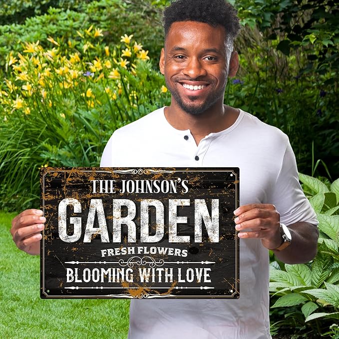 Custom Garden Blooming with Love Sign, Christmas Season, Personalized Name for Backyard/Flower Garden Décor Sign, 12x18 Inches, Rust Free .063 Aluminum, Fade Resistant, Made in USA by Sigo Signs