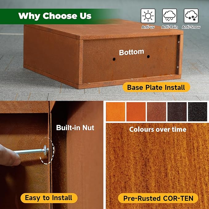 Rusted Metallic Heavy Rectangular Planter 30" x 12" x 24" for Outdoor Plants Corten Steel Outdoor Planter Spliced Flower Box with Partitions for Outside,Indoor,Garden (Corten, 30 * 12 * 24)