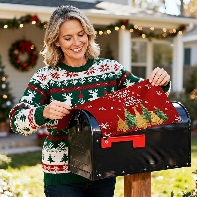Blosssound Christmas Mailbox Cover Magnetic Standard Size 21 x 19 Inch, Winter Mailbox Cover Xmas Tree Decorative Post Letter Box Decor for Garden Yard Outdoor(Christmas Tree)