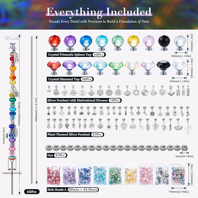 513pcs DIY Beaded Garden Stakes, DIY Fairy Wand Garden Stake Decorative Kit with Plants and Motivational Pendant, 12 in Rod, Crystal Top, Large Holes Bead for Holidays Outdoor&Indoor Decorative