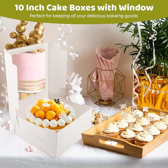 30 Pack Cake Boxes 10 Inch, Disposable Cake Transport Container, 10 Inch Cake Box with Window, White Bakery Boxes with Stickers, Cajas Para Pasteles for Cookies Pies Cupcakes Pastry(10x10x5 Inches)