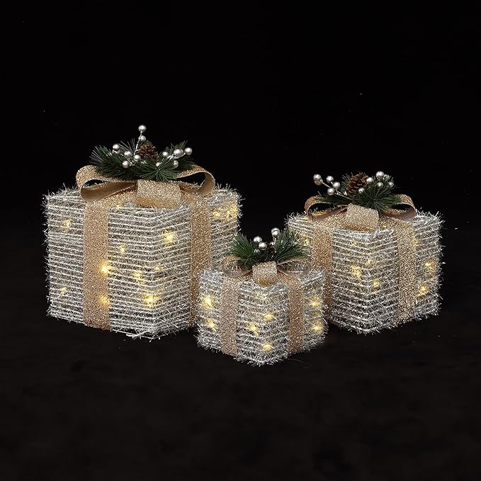 LuxenHome Set of 3 Lighted Gift Boxes, Battery Operated Silver Tinsel with Gold Ribbon Bow Boxes for Xmas, Lawn, Porch, Under Tree Indoor, Outdoor Christmas Decorations