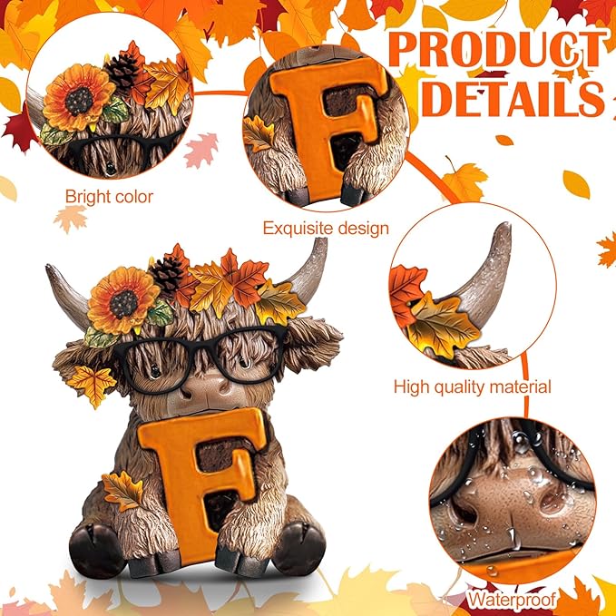 Sosation 4 Pcs Fall Highland Cow Figurines Autumn Pumpkin Highland Cow Gnomes Maple Leaf Scottish Resin Statue Calf Lovers Gifts for Thanksgiving Home Garden Kitchen Office Tiered Tray Table Decor