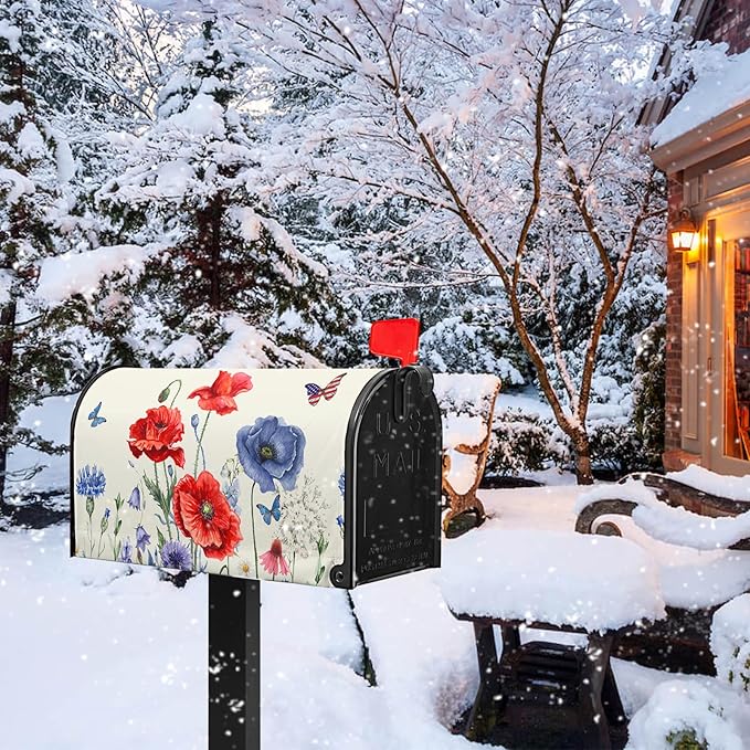 Red Blue Floral Mailbox Covers 4th of July Mail Box Covers Magnetic Standard Size 21x18 inch Patriotic Butterfly Flower Post Letter Box Cover Wrap Decorative Mailboxes for Outside Garden