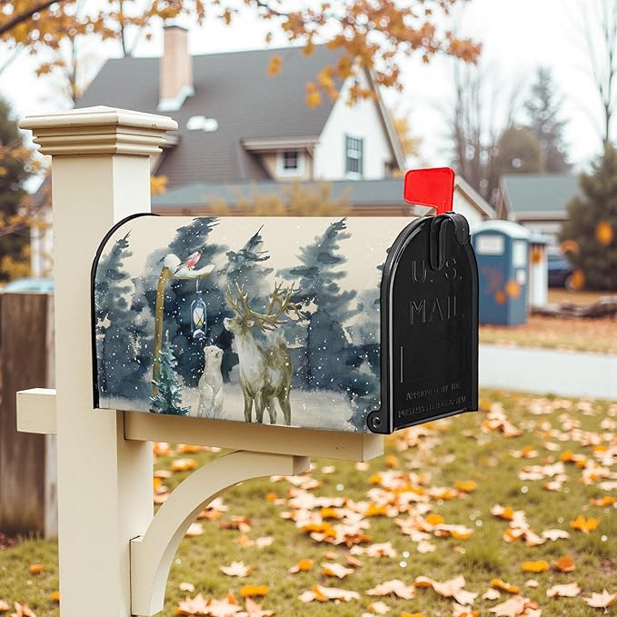 Winter Deer Mailbox Cover Bear Bird Mail Box Covers Magnetic Green Tree Mailbox Wraps 25.5x21 inch Outdoor Decor for Garden Yard