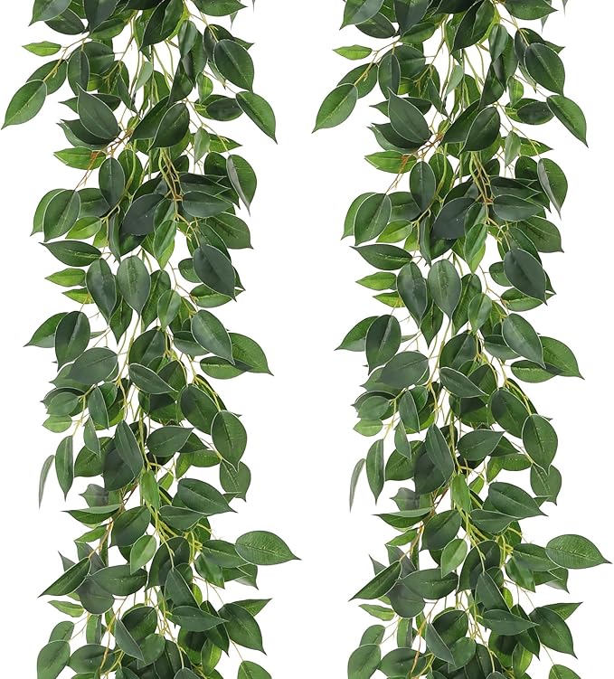 2 Strands Artificial Ficus Vines 79'' Fake Ivy Garland Greenery with Silk Green Leaves Faux Hanging Plants for Bedroom Home Wall Wedding Arch Party Room Decor