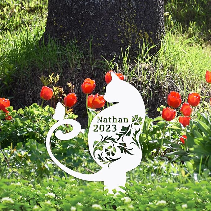 Personalized Butterfly Flowers Cat Memorial Grave Marker Garden Stake, Custom Pet Cat Memorial Stake Metal Sign Outdoor Grave Marker, Customized Cat Memorial Plaque Pet Tombstone Headstone