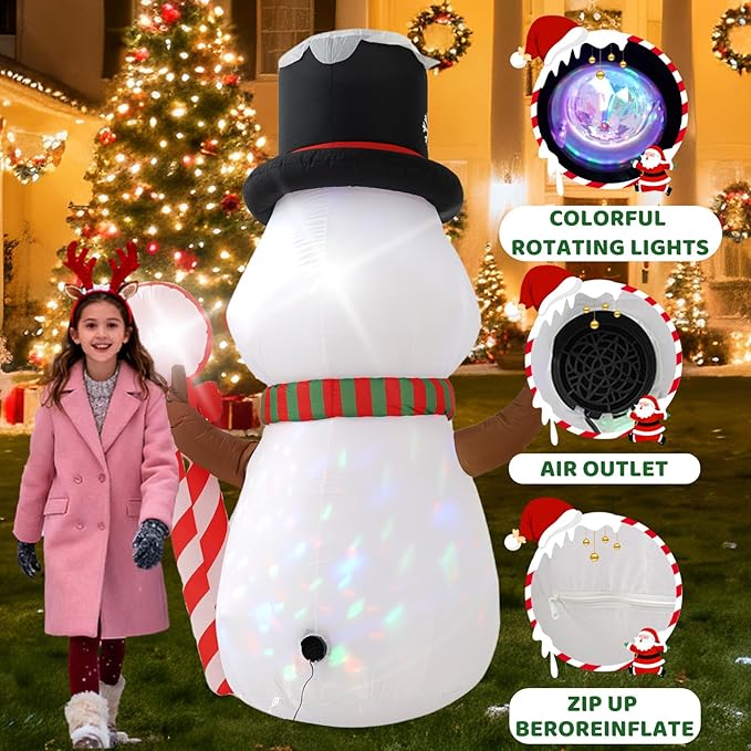 8FT Candy Cane Snowman Christmas Decoration with Built-in LED Lights and Colorful Rotating Lights, Christmas Outdoor Inflatable Decoration for Lawns, Yards, Gardens, and Patios