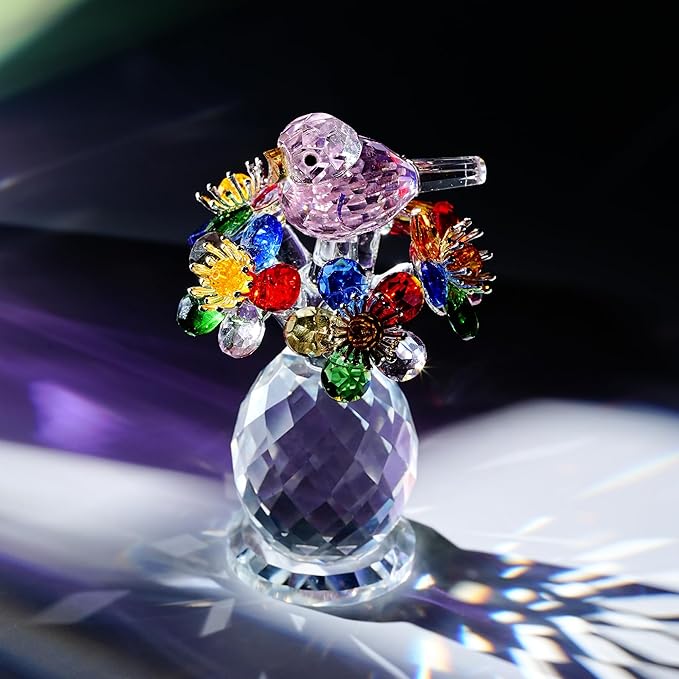 Crystal Bird & Forget-Me-Not Flower Figurine,3x4 inch Glass Flower Collectible Ornaments for Home Decor Table Centerpiece Glass Bouquet Flowers Keepsake Gifts for Women （Colorful）
