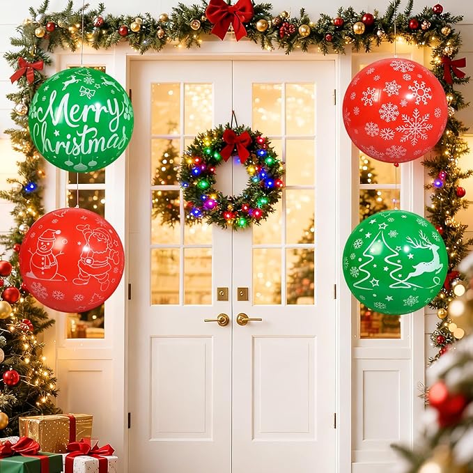 4 PCS 16 Inch Christmas Inflatable Balloons PVC Hanging Christmas Inflatable Outdoor Balls for Xmas Garden Lawn Yard Holiday Front Door Decoration