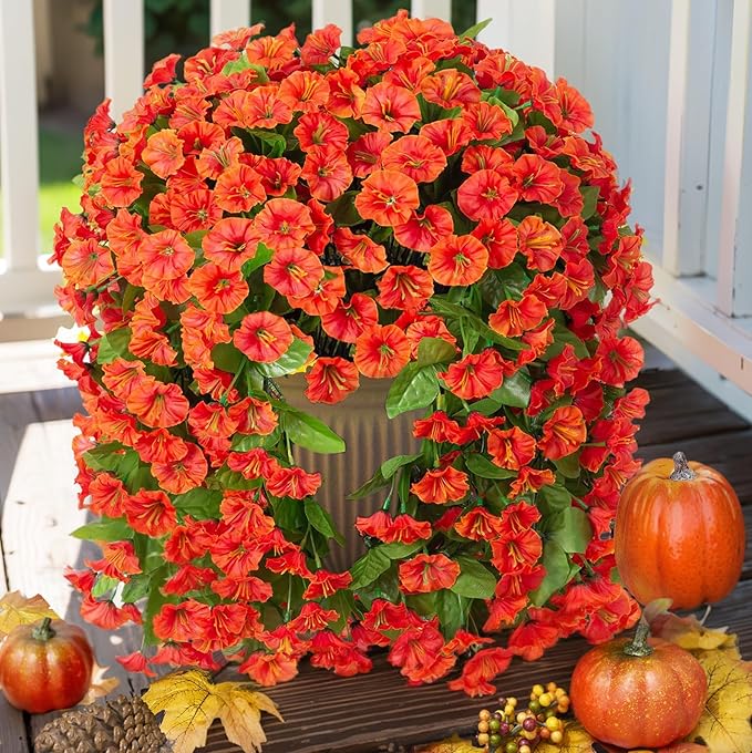 HyeFlora Artificial Fake Fall Hanging Flowers Plants for Outdoor Outside, 2PCS Faux Silk Orange Morning Glory Trailing Vines UV Resistant Look Real for Home Planter Porch Patio